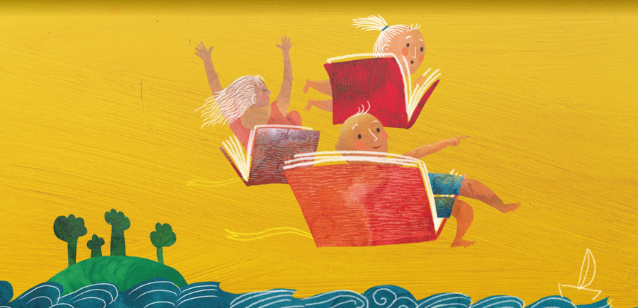 Ilustracija programa Poletavci, na kateri so otroci s knjigami. Foto vir: MKLJ
