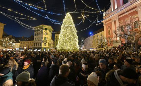 množica ljudi občuduje okrašeno smreko na Prešernovem trgu