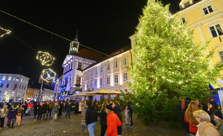 okrašen Mestni trg, v ozadju Mestna hiša