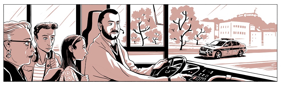 Junaki z avtobusa. Ilustracija: Jure Engelsberger, Glasilo Ljubljana