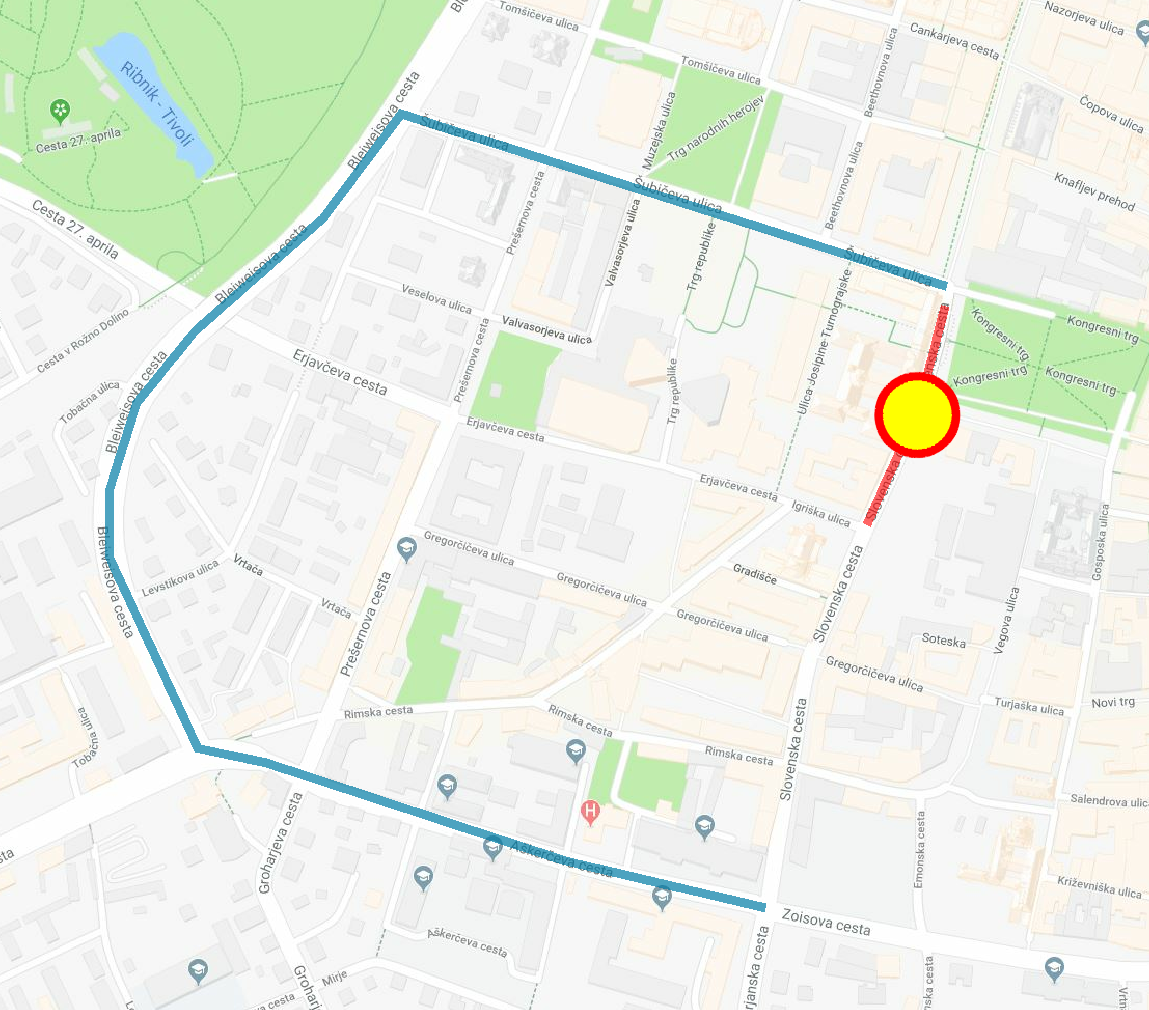 Zemljevid popolne zapore Slovenske ceste, silvestrovanje 2025, vir: LPT