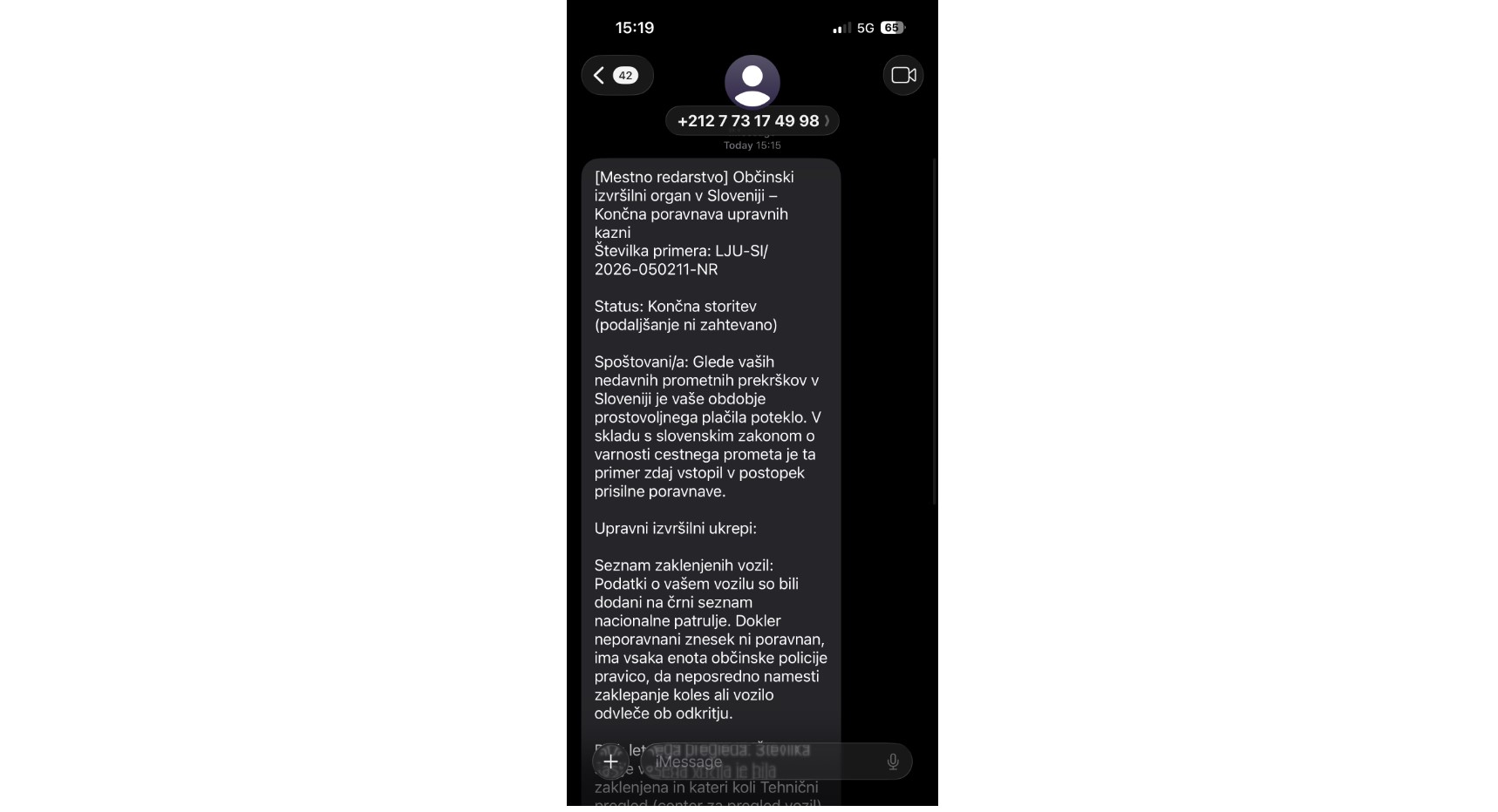 Primer lažnega SMS sporočila