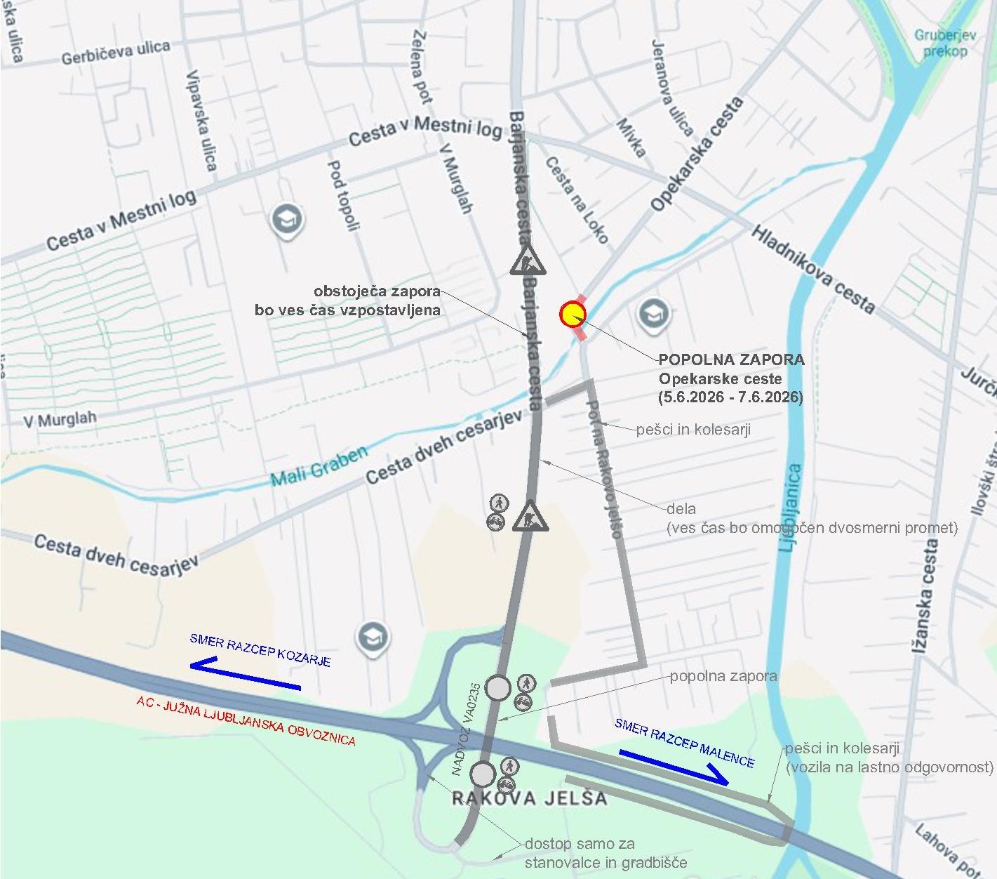 Zemljevid zapore Opekarske ceste