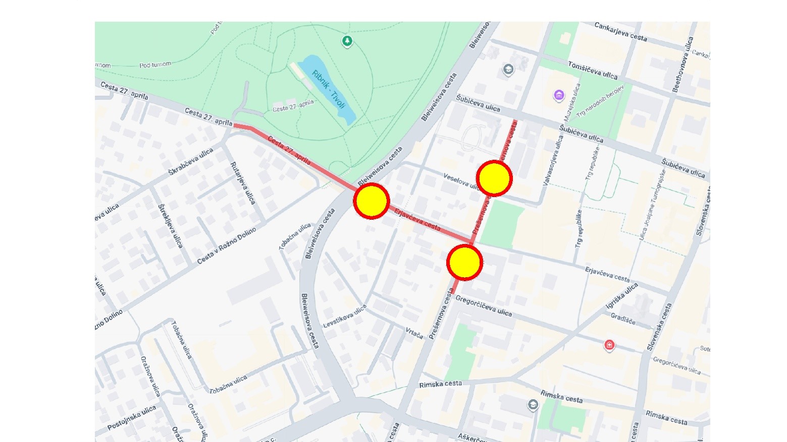 Zemljevid zapore Ceste 27. aprila in Prešernove ceste