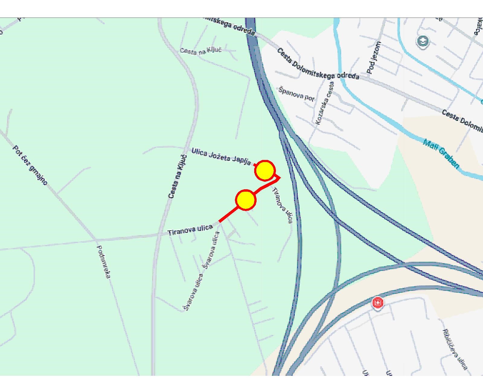 Zemljevid zapore Tiranove in Ulice Jožeta Japlja, vir LPT