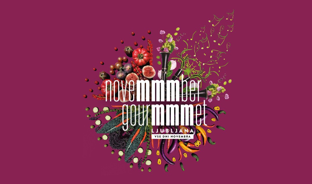 Plakat za dogodek November Gourmet Ljubljana z barvitimi zelenjavnimi motivi in napisom "Vse dni novembra".