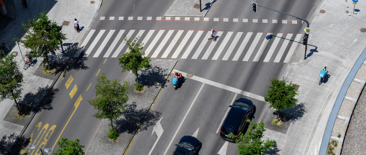 Gosposvetska cesta, prehod za pešce in stoječi avtomobili pred križišče,