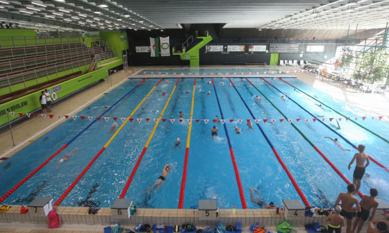 pogled na bazen tivoli, v katerem plavajo otroci