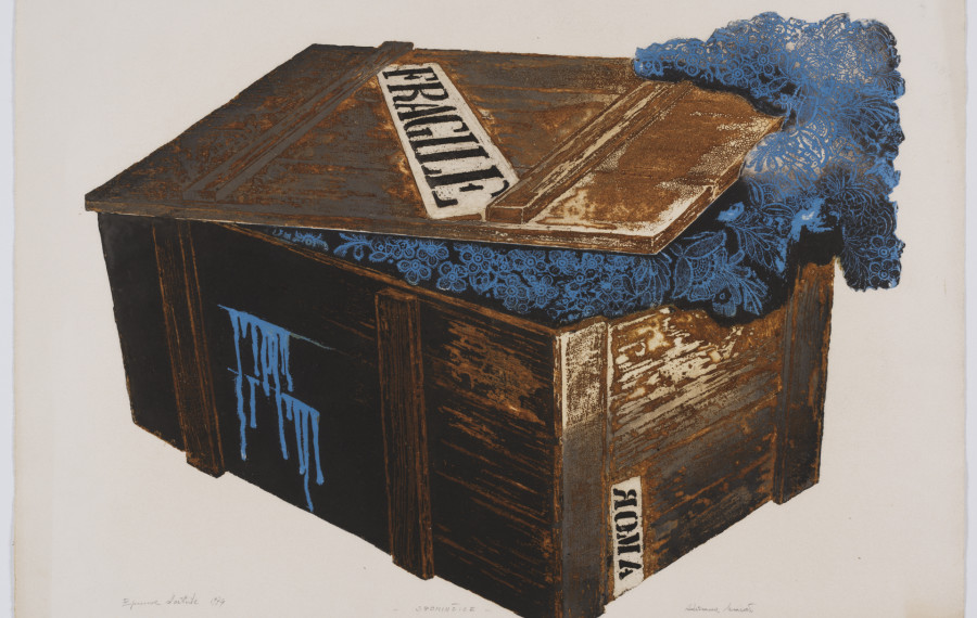 Adriana Maraž, Spominčice, 1978, barvna jedkanica. Vir: arhiv MGLC