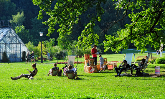 Knjižnica pod krošnjami z rastlinjakom v ozadju, foto: D. Wedam, vir Turizem Ljubljana