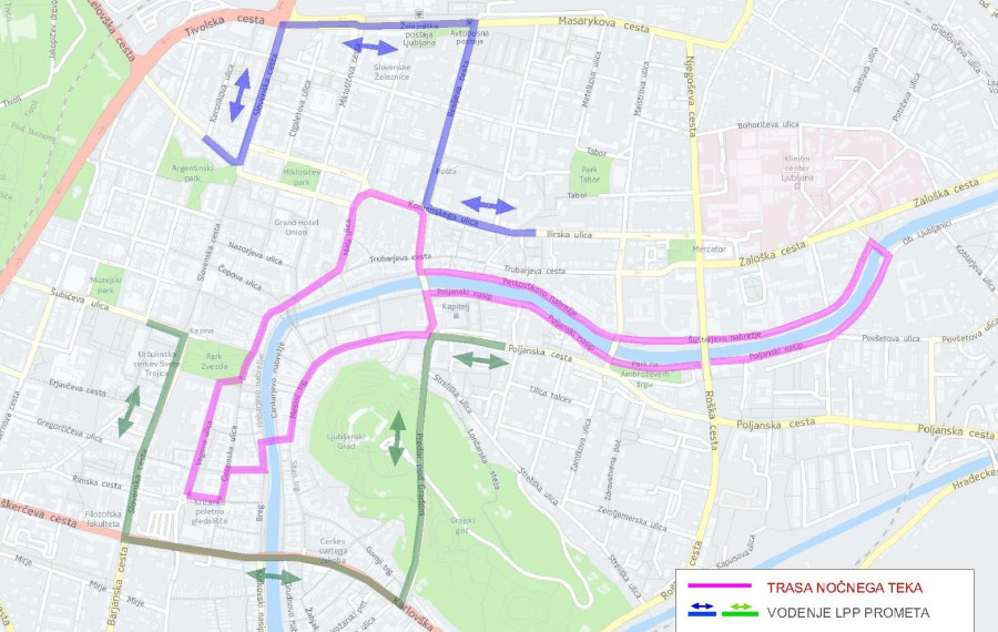 Zemljevid poteka Nočnega teka Ljubljanica 2025. Vir: LPT