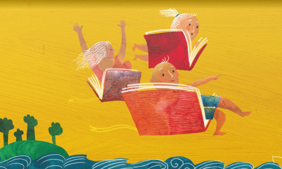 Ilustracija programa Poletavci, na kateri so otroci s knjigami. Foto vir: MKLJ