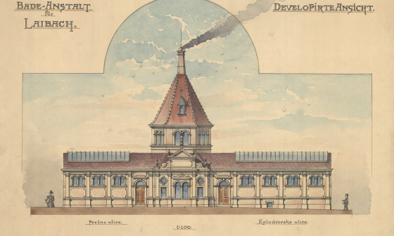 Mestna ljudska kopel, Prečna ulica 7, 1899, razvita fasada, Wilhelm Brückner & Co., gradnja, kolorirana matrica / 51,6 x 39,3, SI_ZAL_LJU/0334, Načrti, 018-005-008