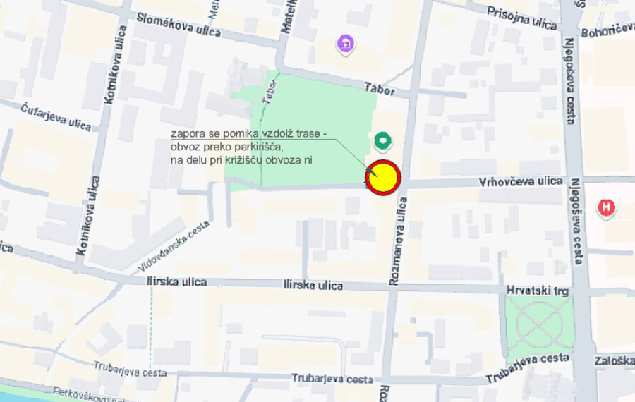 Zemljevid zapor ceste Tabor vir LPT