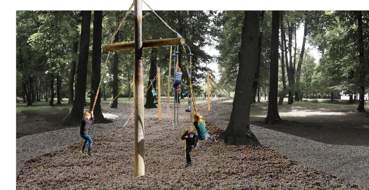 Spatial presentation of the area for older children with a big roundabout, big triple swing set and a climber with three poles and bells.