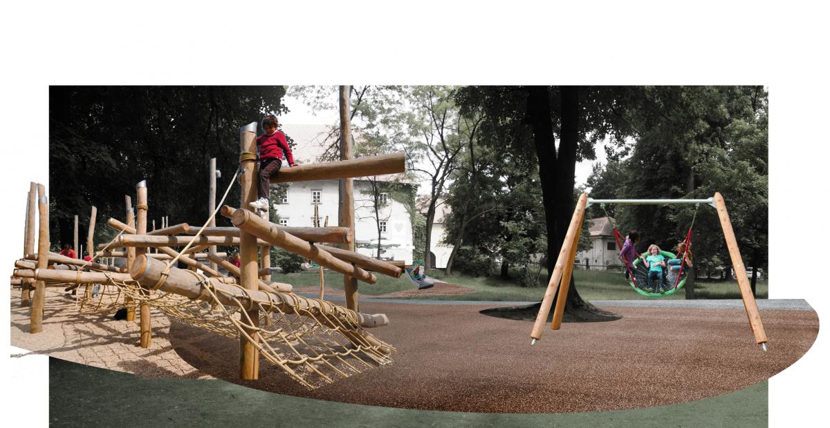 Spatial presentation of the area with compact security surface, a swing set and a big climber.