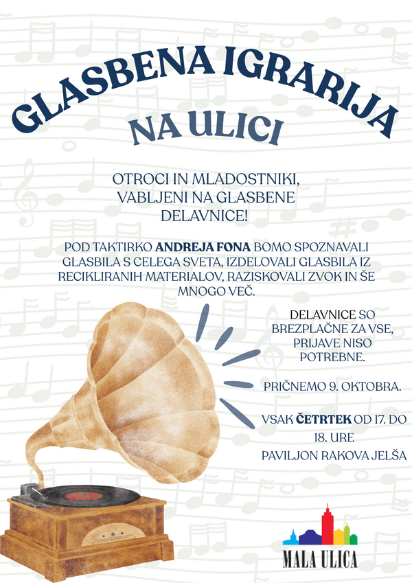 Plakat Glasbena igrarija na ulici. Vir: Družinski center Mala ulica