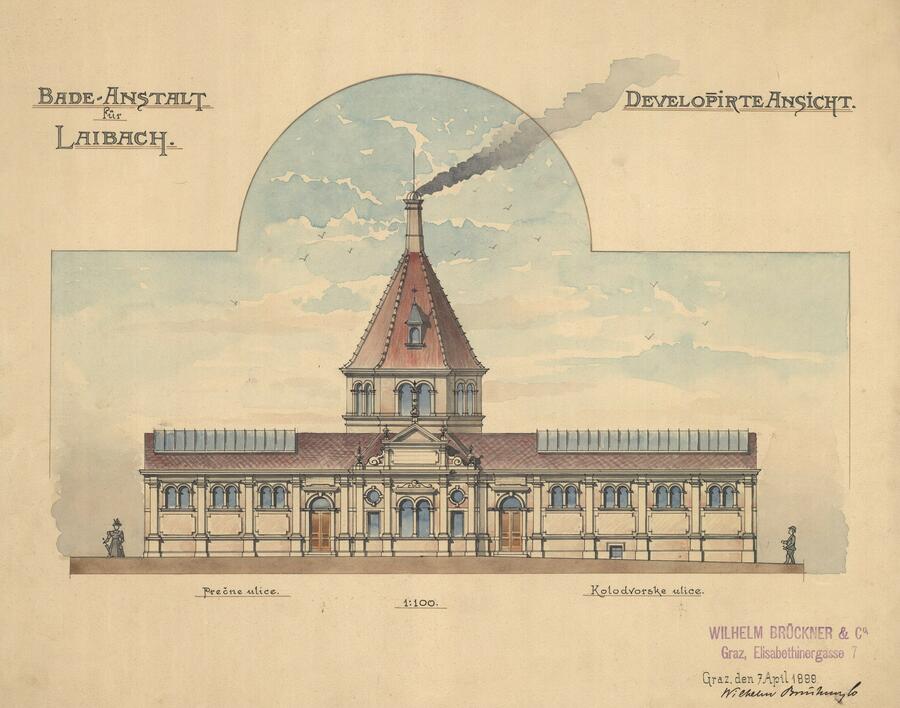 Mestna ljudska kopel, Prečna ulica 7, 1899, razvita fasada, Wilhelm Brückner & Co., gradnja, kolorirana matrica / 51,6 x 39,3, SI_ZAL_LJU/0334, Načrti, 018-005-008