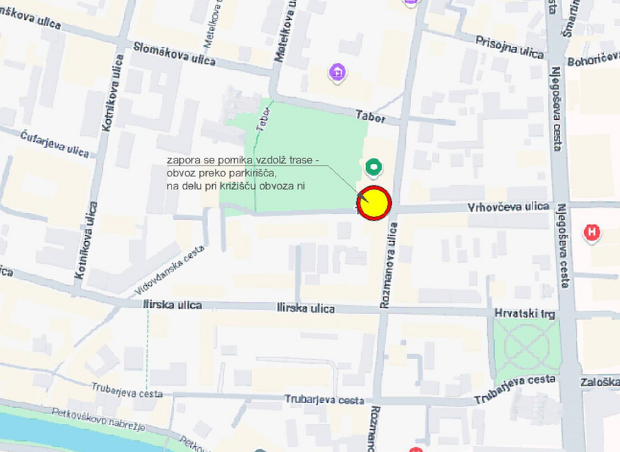 Zemljevid zapor ceste Tabor vir LPT