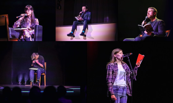 Na fotografiji ob branju poezije Małgorzata Lebda, Harri Hertell, Márton Simona, Anja Zag Golob in Radmila Petrović. Foto vir: Pionirski dom