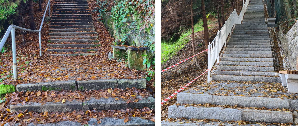 Stopnice na Golovec pred in po prenovi. Foto vir: IZTR in JP Voka Snaga