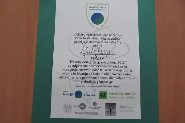Priznanje: Ljubljana, planetu Zemlja prijazna občina.