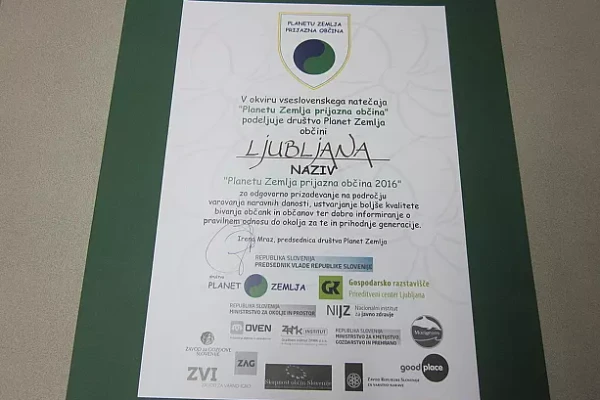 Priznanje: Ljubljana, Zemlji prijazna občina 2016