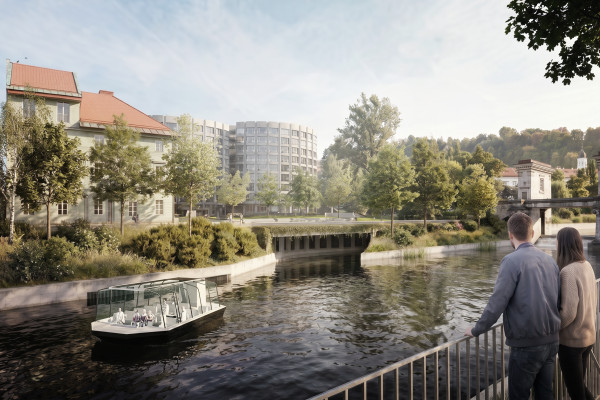 par stoji na nabrežju in opazuje ladjico na ljubljanici